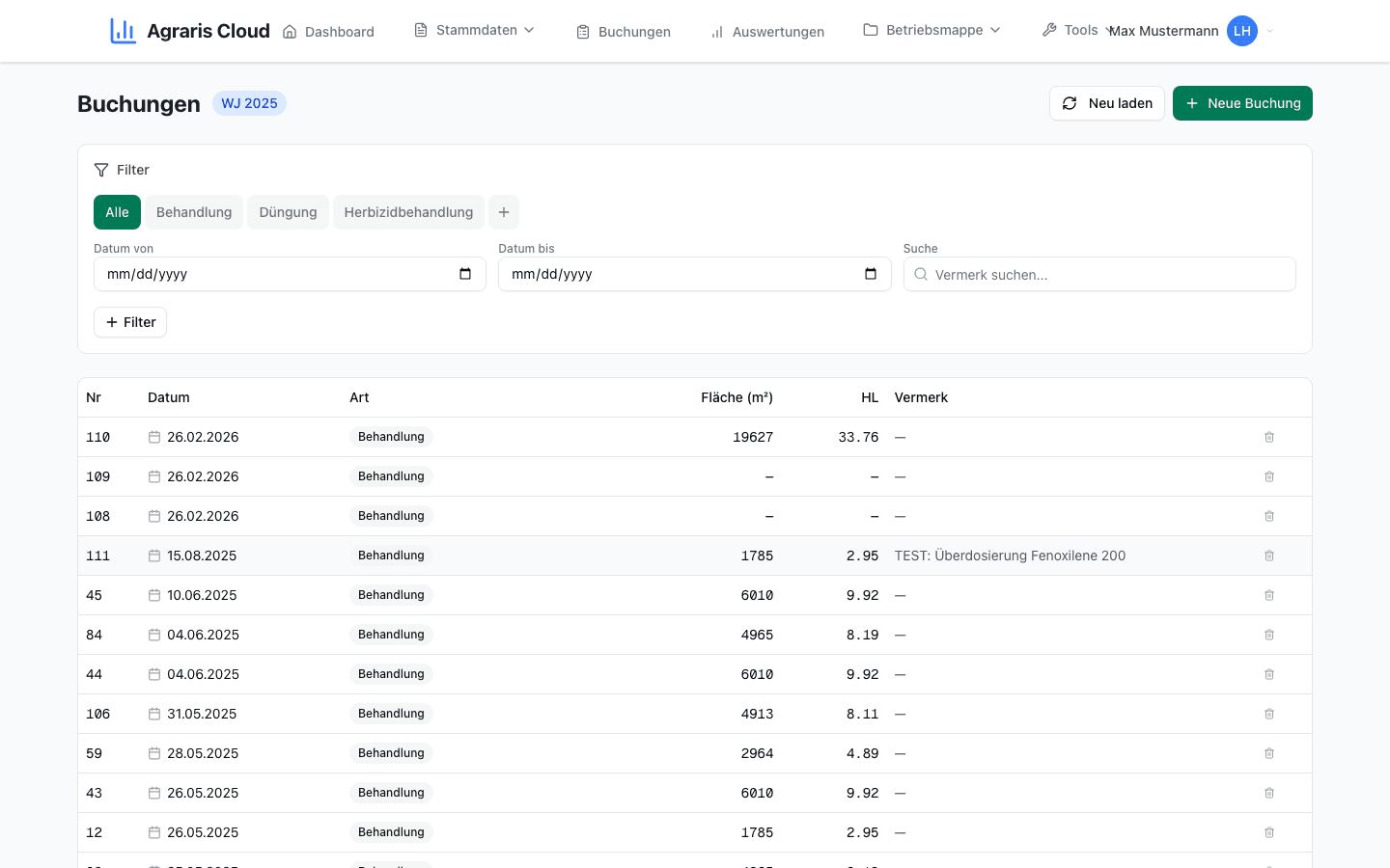 Buchungen-Übersicht mit Filter, Datum, Fläche und HL pro Buchung