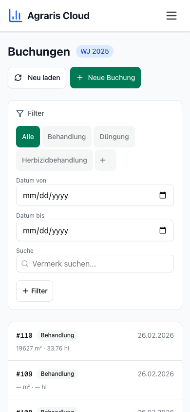 Agraris Cloud Buchungen auf dem Smartphone mit Filterfunktion