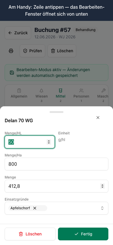 Mittel hinzufügen — die App rechnet mit