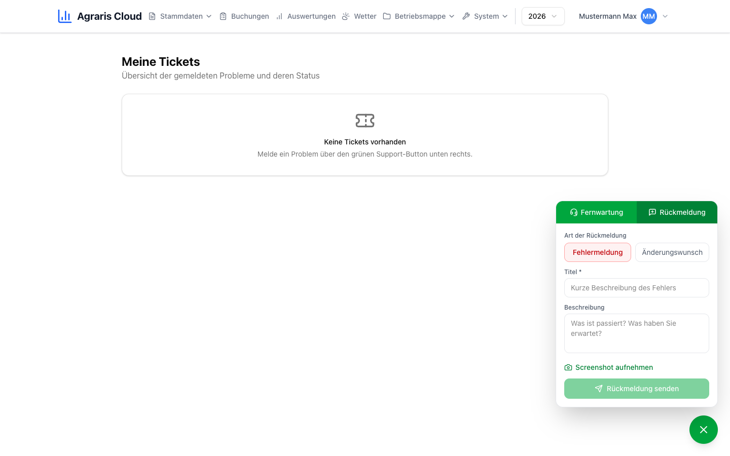 Problem melden oder Wunsch äußern: der grüne Support-Button