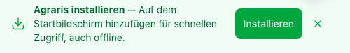 Der Installations-Hinweis in Agraris Cloud